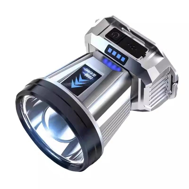 Linterna LED Multifuncional con Power Bank, Cinta para Cabeza y Carga USB – Hasta 1 km de Alcance, 3 Modos de Luz y Pantalla de Batería